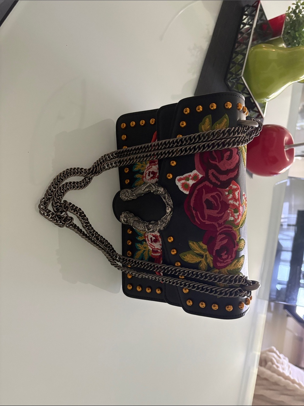 Black Floral Embroidered Chain Shoulder Bag